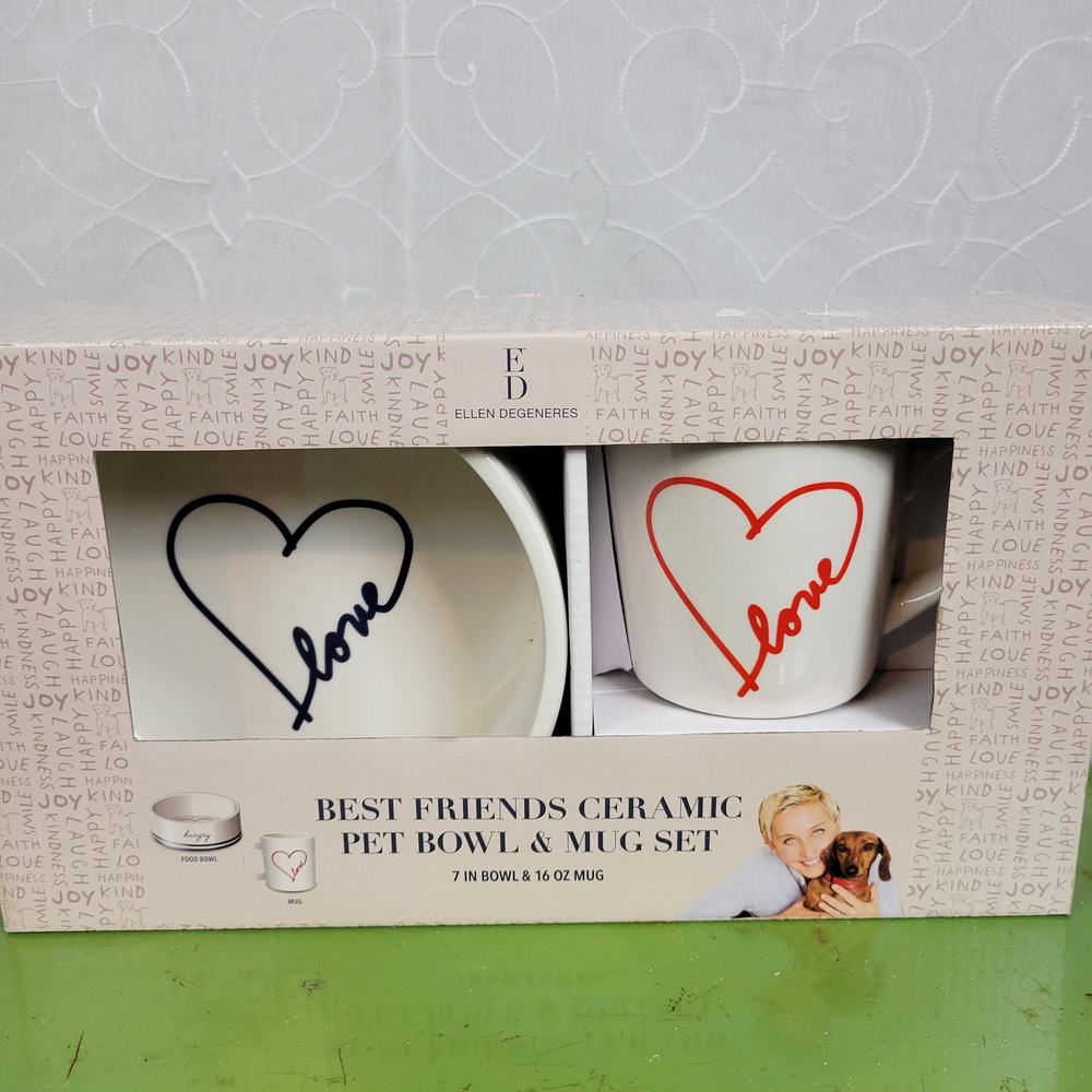 ED Ellen DeGeneres Best Friends Ceramics Pet Bowl & Mug Set White Red NEW